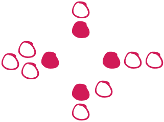 Diagram of group quartetting: four singers stand in a box formation facing each other, with a line of waiting singers behind each of the four positions.